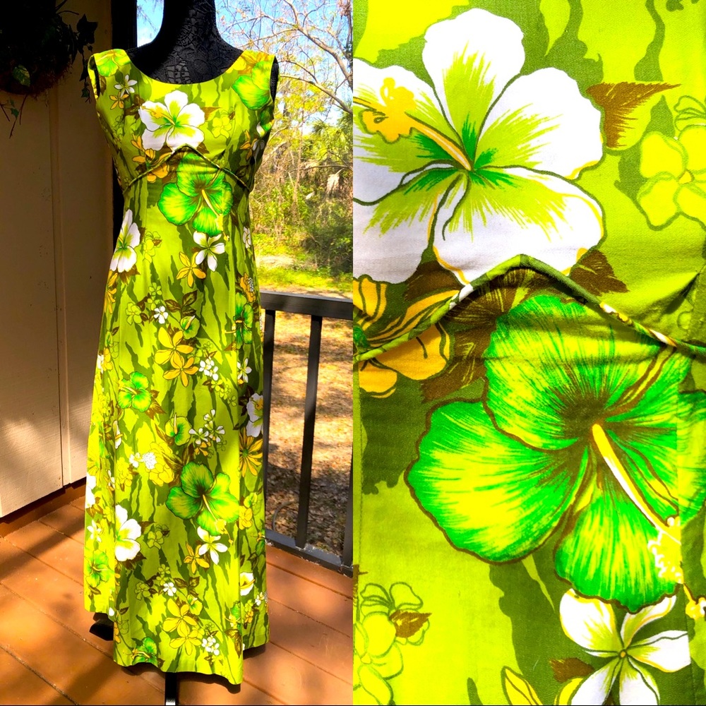 60s Vintage Lime Green Hawaiian Maxi Dress